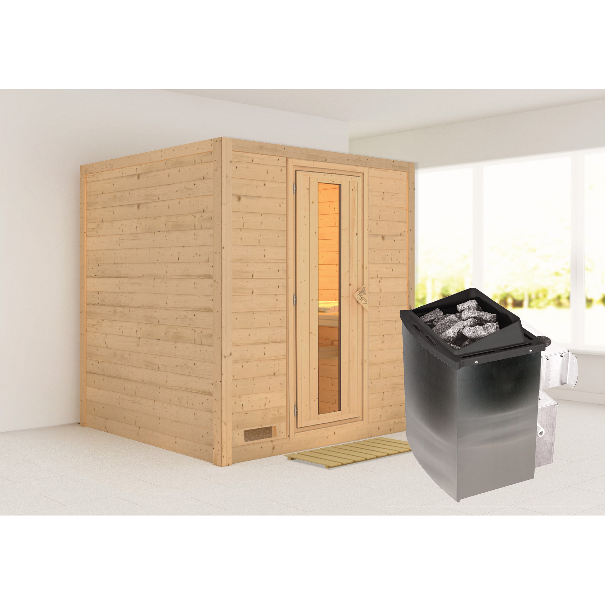 Massivholzsauna 'Luna' naturbelassen mit Energiespartür mit Ofen 9kW integrierte Steuerung 196 x 196 x 200 cm + product picture