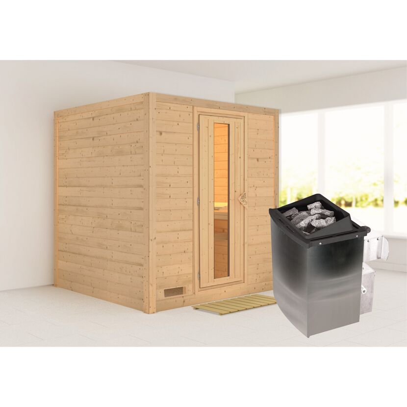 Massivholzsauna 'Luna' naturbelassen mit Energiespartür mit Ofen 9kW integrierte Steuerung 196 x 196 x 200 cm