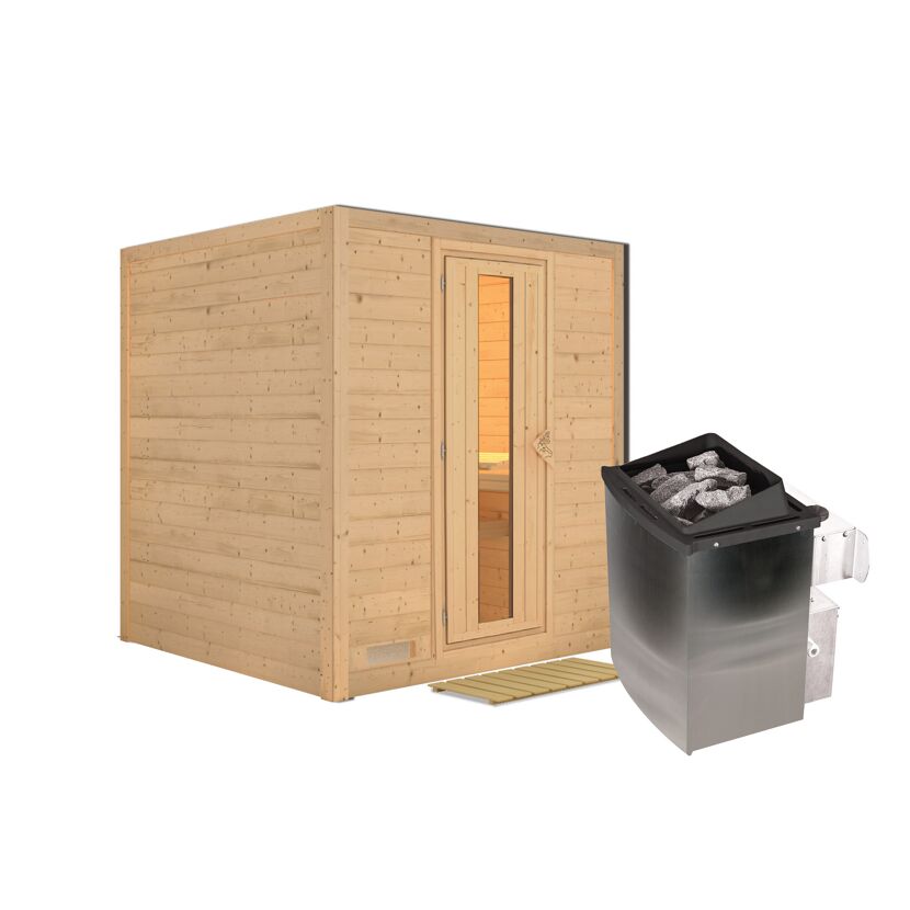 Massivholzsauna 'Luna' naturbelassen mit Energiespartür mit Ofen 9kW integrierte Steuerung 196 x 196 x 200 cm