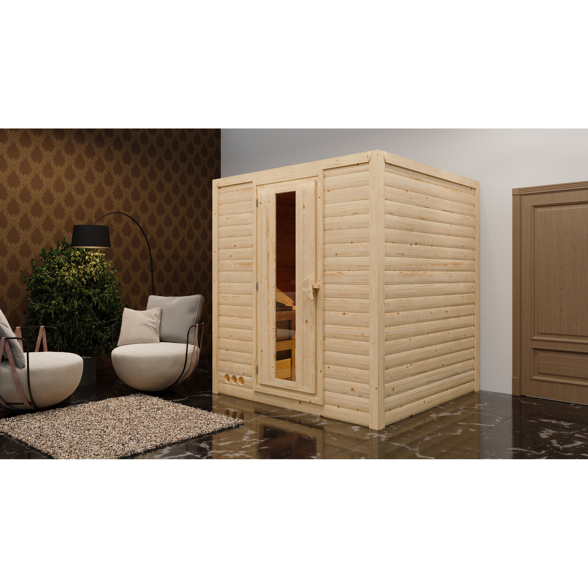 Massivholzsauna 'Luna' naturbelassen mit Energiespartür 9 kW Ofen externe Steuerung Easy 196 x 196 x 200 cm + product picture