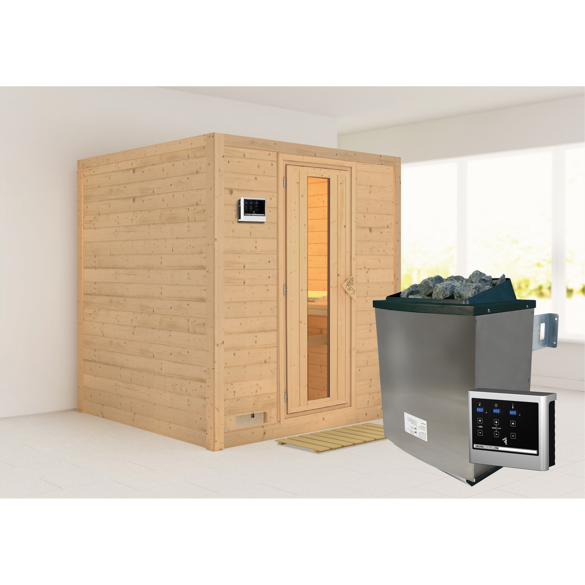 Massivholzsauna 'Luna' naturbelassen mit Energiespartür 9 kW Ofen externe Steuerung Easy 196 x 196 x 200 cm + product picture