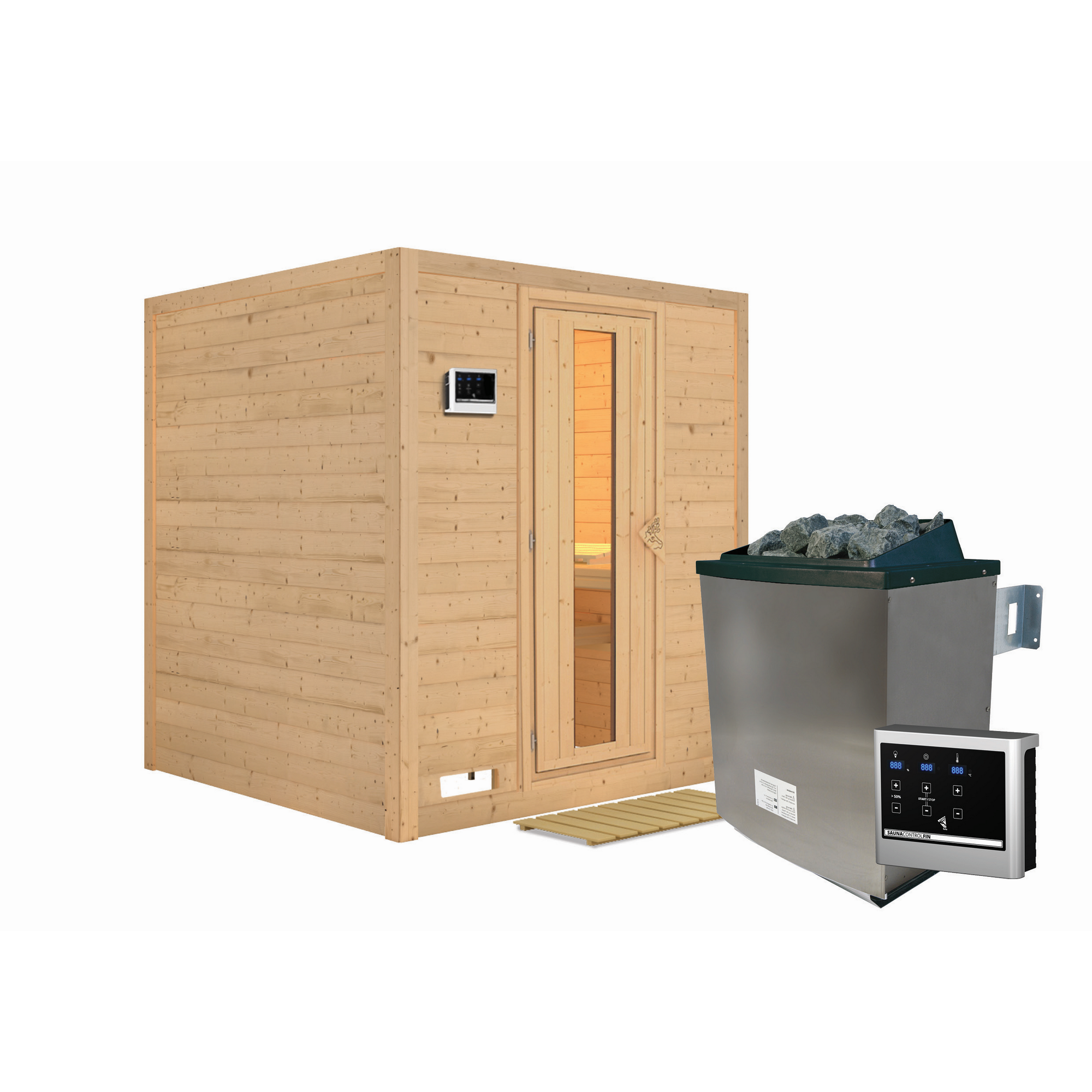 Massivholzsauna 'Luna' naturbelassen mit Energiespartür 9 kW Ofen externe Steuerung Easy 196 x 196 x 200 cm + product picture