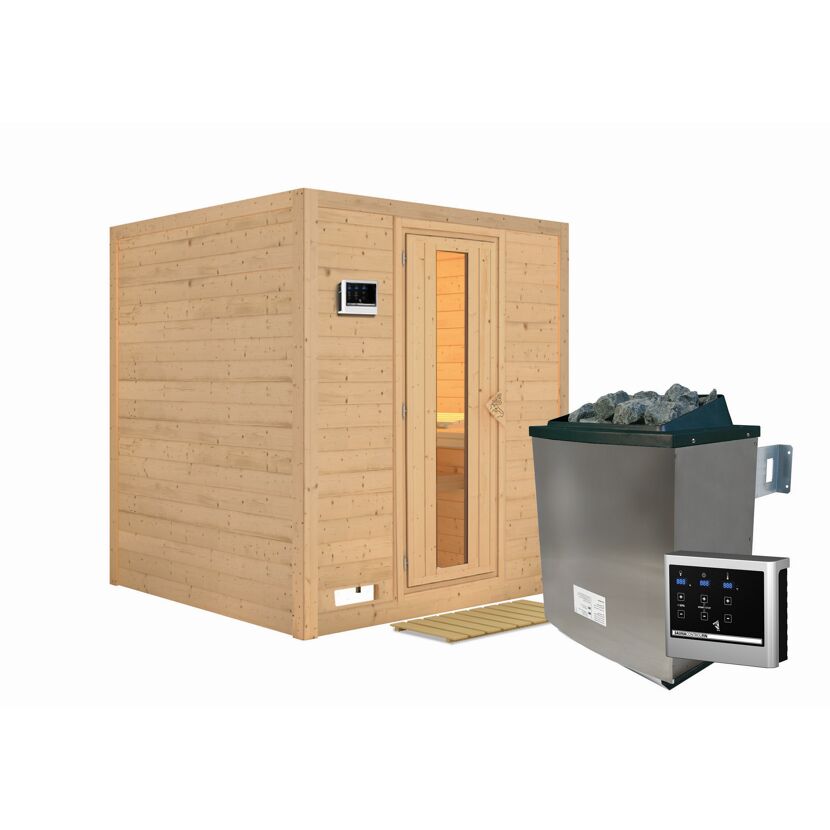 Sauna aus hellem Holz mit Saunaofen