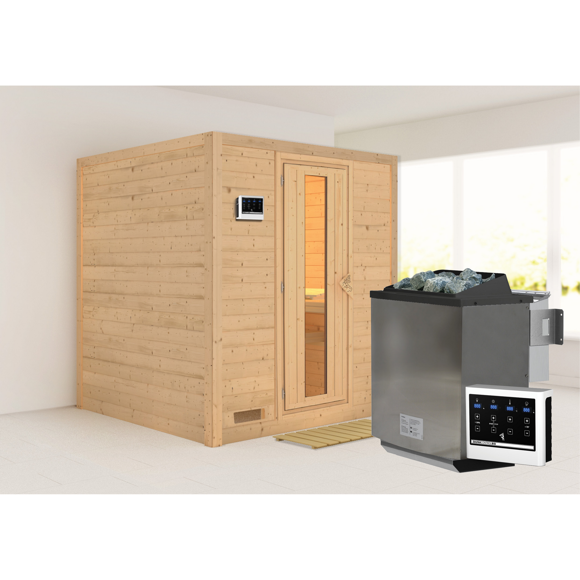 Massivholzsauna 'Luna' naturbelassen mit Energiespartür 9 kW Bio-Ofen externe Steuerung Easy 196 x 196 x 200 cm + product picture