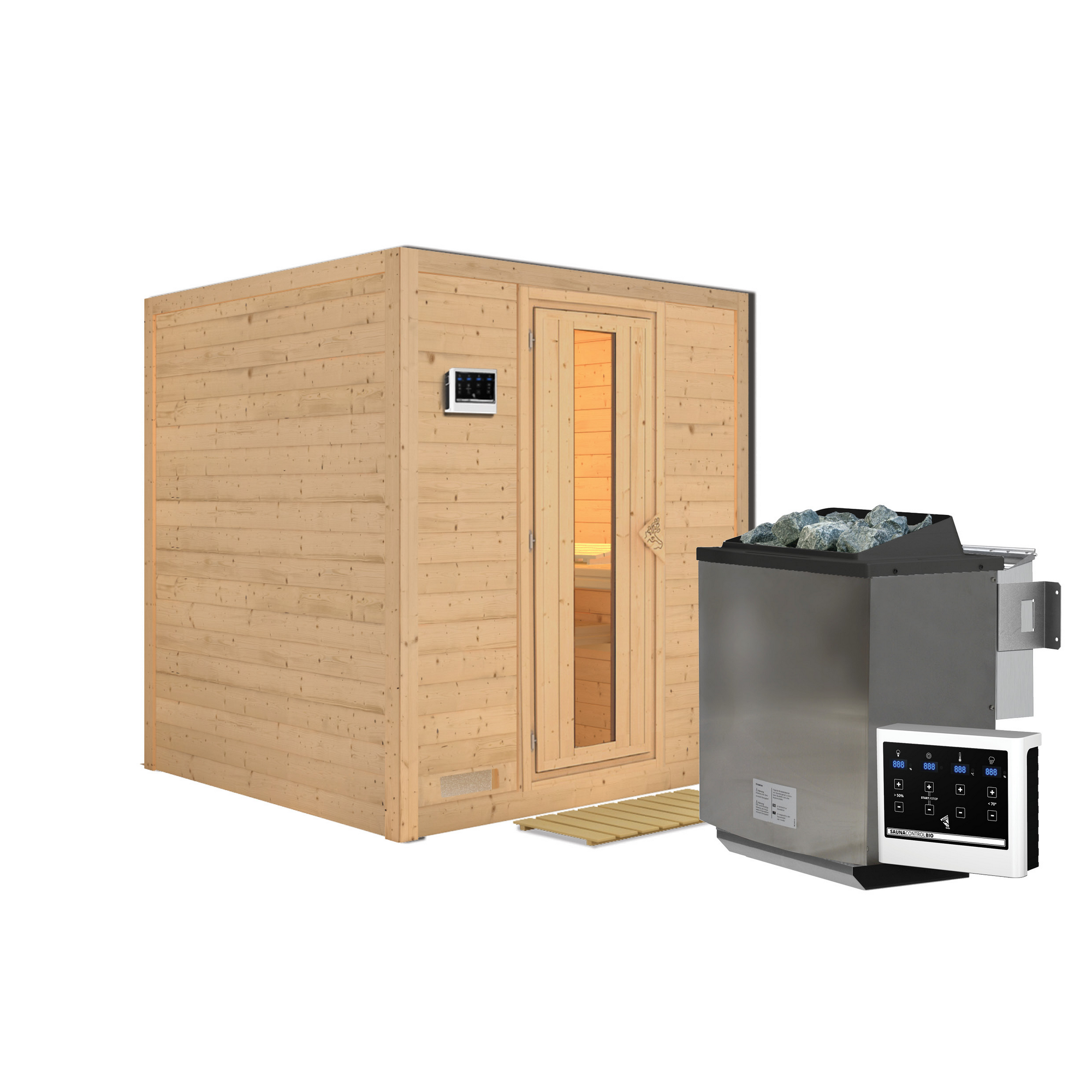 Massivholzsauna 'Luna' naturbelassen mit Energiespartür 9 kW Bio-Ofen externe Steuerung Easy 196 x 196 x 200 cm + product picture