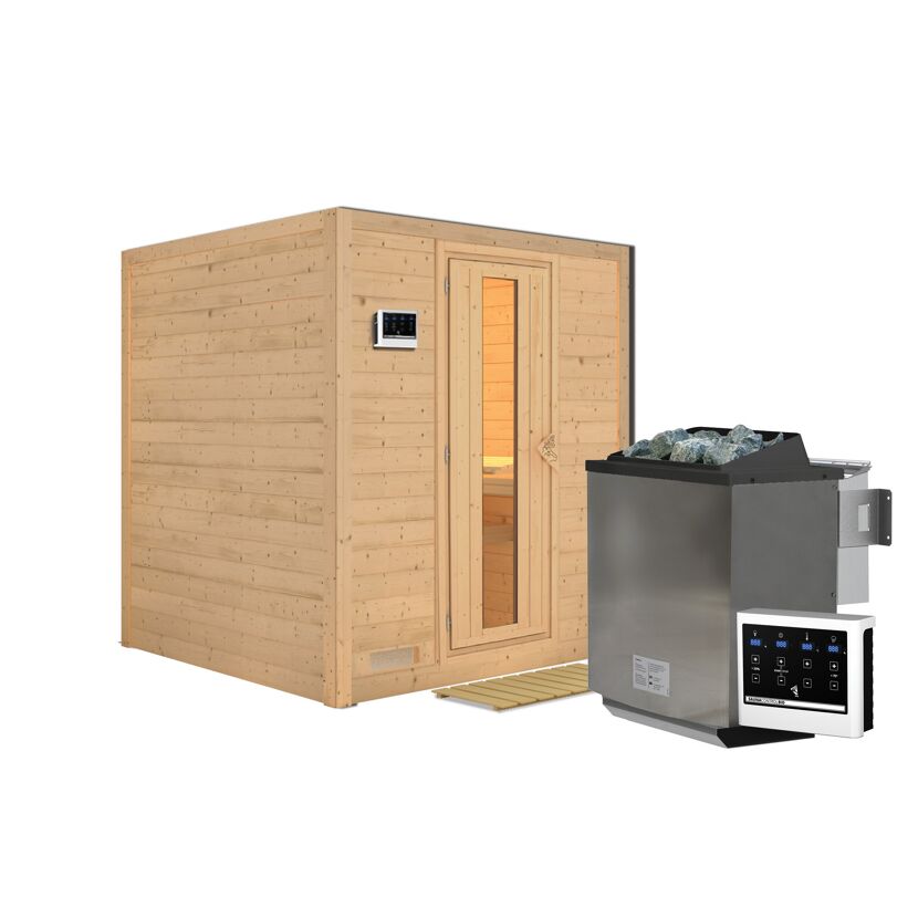 Außenansicht einer Sauna aus hellem Holz mit Saunaofen