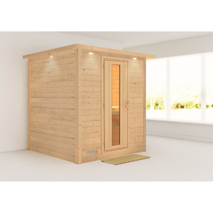 Massivholzsauna 'Luna' naturbelassen mit Kranz und EnergiesparTür 224 x 210 x 206 cm
