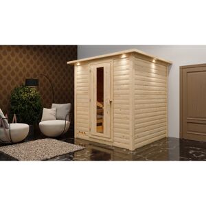 Massivholzsauna 'Luna' naturbelassen mit Kranz und EnergiesparTür 9 kW Ofen integrierte Steuerung 224 x 210 x 206 cm