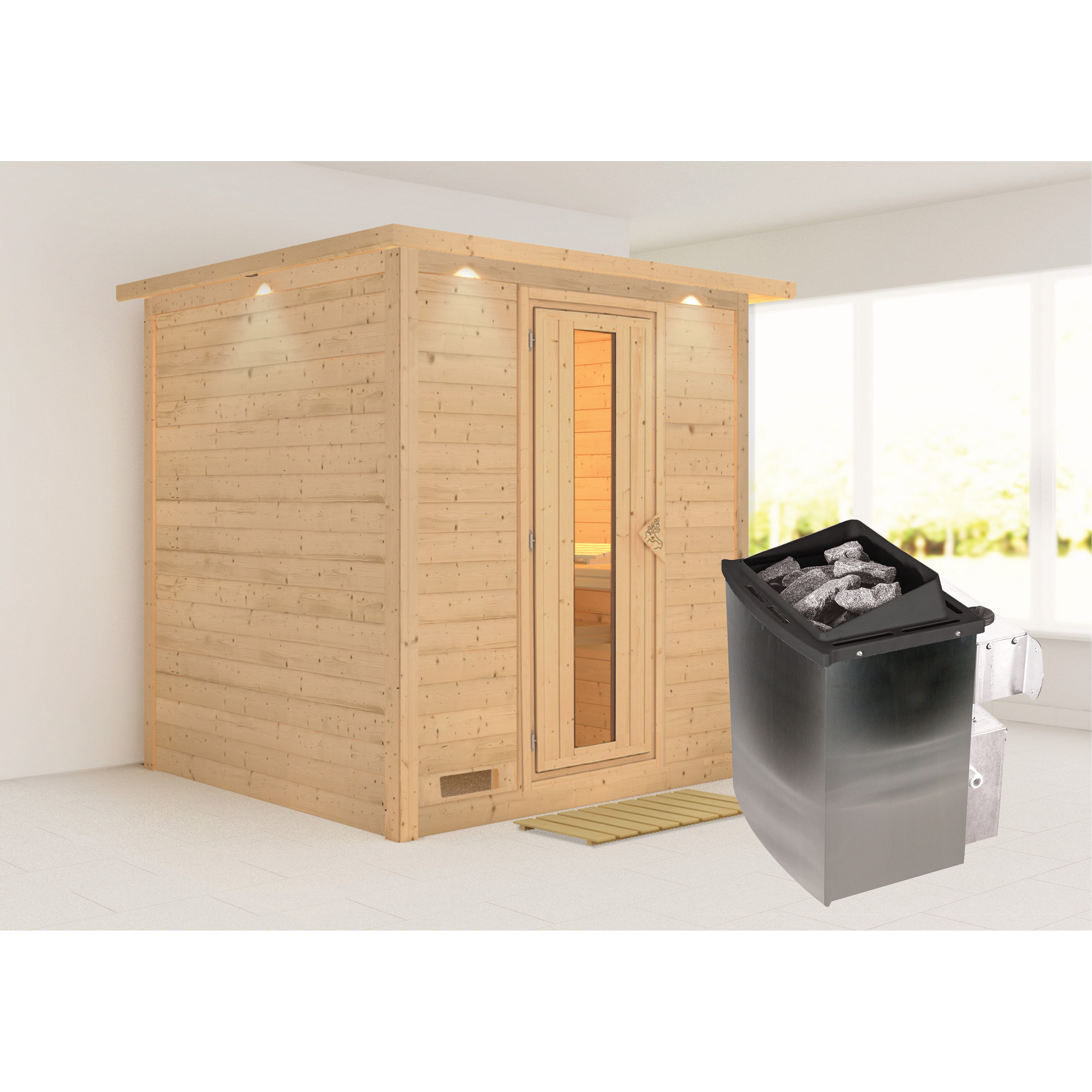 Massivholzsauna 'Luna' naturbelassen mit Kranz und EnergiesparTür 9 kW Ofen integrierte Steuerung 224 x 210 x 206 cm + product picture