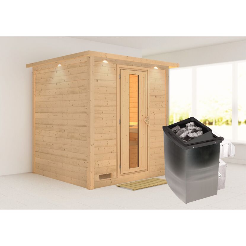 Sauna aus Holz mit Saunaofen