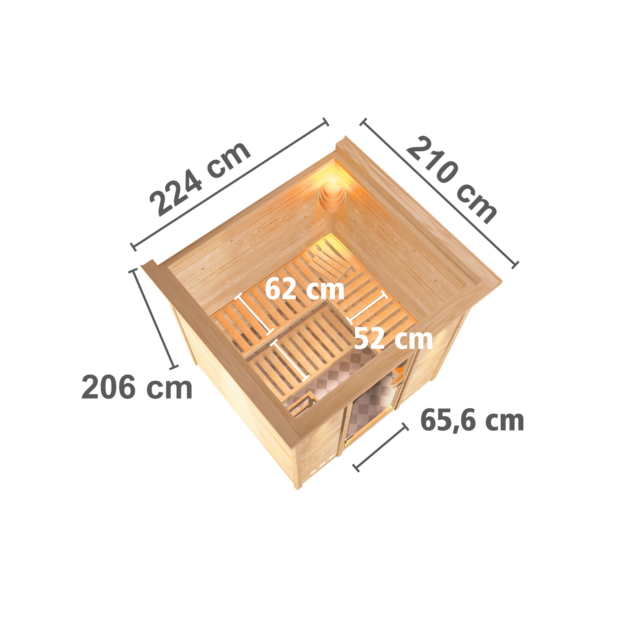 Massivholzsauna 'Luna' naturbelassen mit Kranz und EnergiesparTür 9 kW Ofen integrierte Steuerung 224 x 210 x 206 cm + product picture