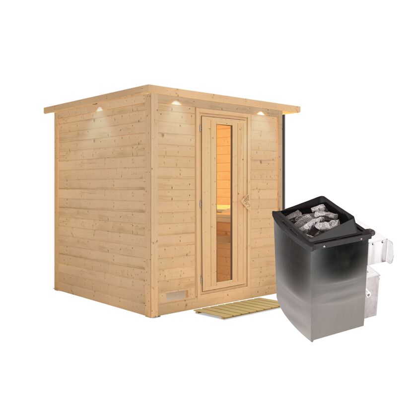 Saunahaus aus Holz mit Saunaofen
