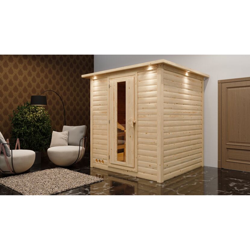 Massivholzsauna 'Luna' naturbelassen mit Kranz und EnergiesparTür 9 kW Ofen externe Steuerung Easy 224 x 210 x 206 cm