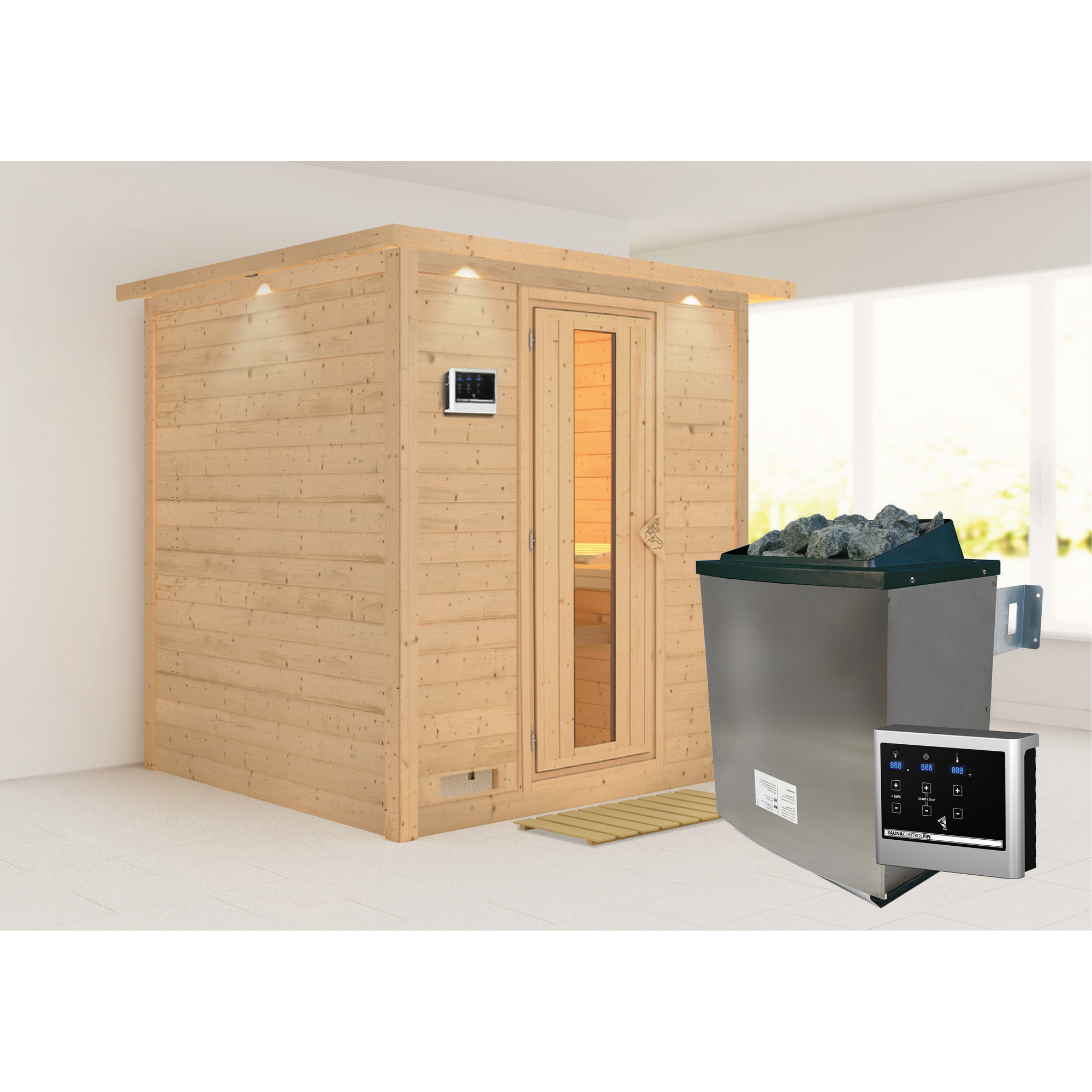 Massivholzsauna 'Luna' naturbelassen mit Kranz und EnergiesparTür 9 kW Ofen externe Steuerung Easy 224 x 210 x 206 cm + product picture