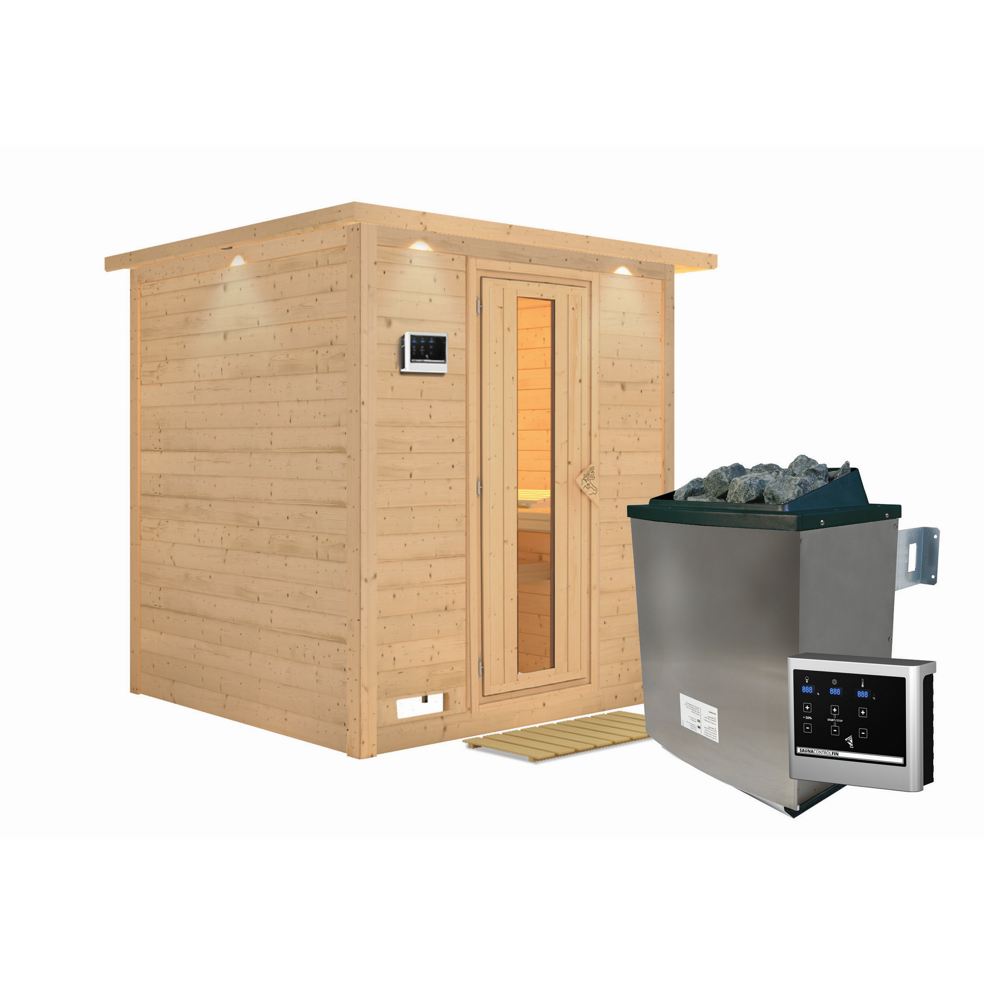 Massivholzsauna 'Luna' naturbelassen mit Kranz und EnergiesparTür 9 kW Ofen externe Steuerung Easy 224 x 210 x 206 cm + product picture