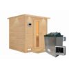 Massivholzsauna 'Luna' naturbelassen mit Kranz und EnergiesparTür 9 kW Ofen externe Steuerung Easy 224 x 210 x 206 cm
