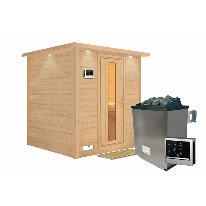 Massivholzsauna 'Luna' naturbelassen mit Kranz und EnergiesparTür 9 kW Ofen externe Steuerung Easy 224 x 210 x 206 cm
