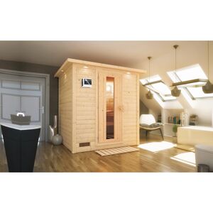 Massivholzsauna 'Luna' naturbelassen mit Kranz und EnergiesparTür 9 kW Bio-Ofen externe Steuerung Easy 224 x 210 x 206 cm