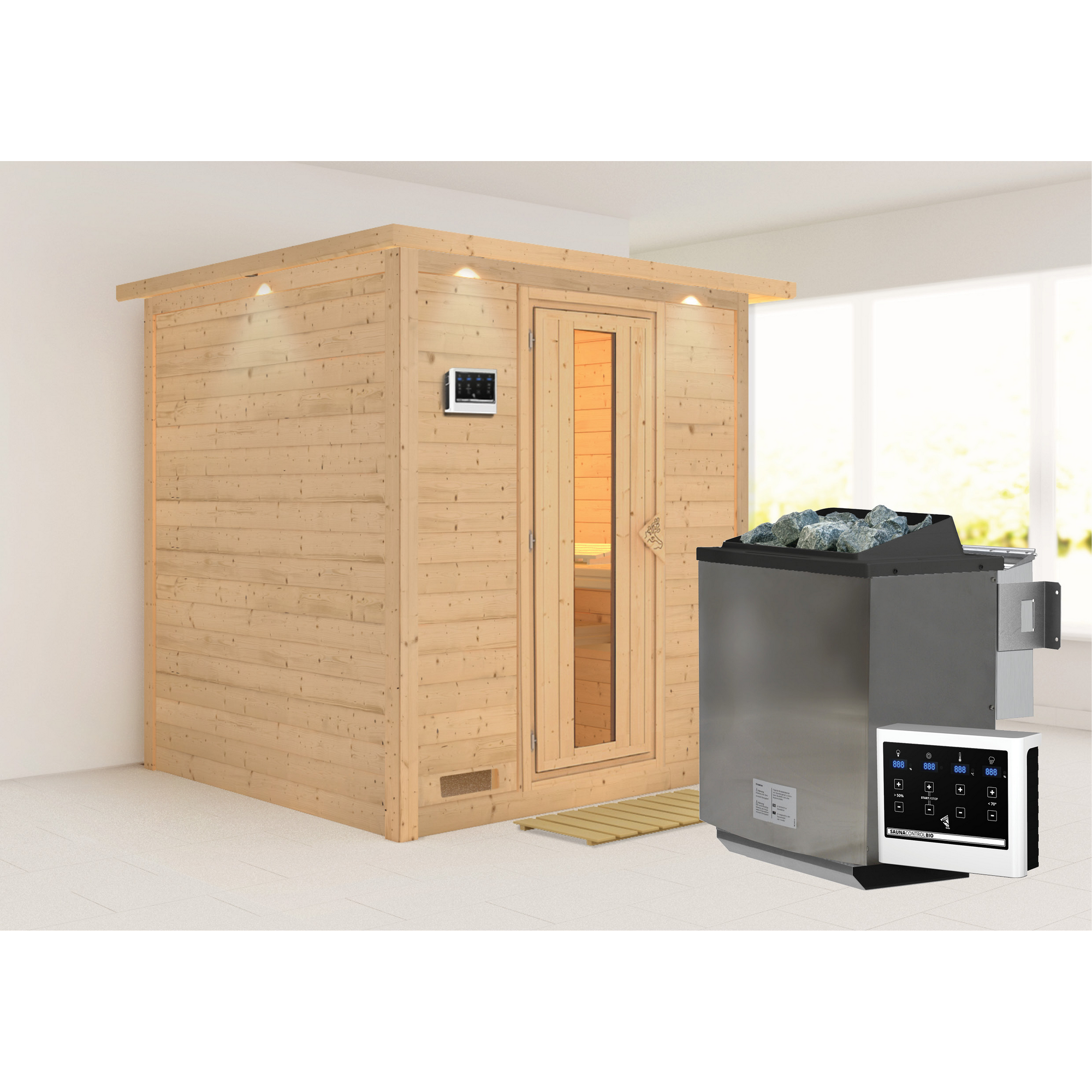 Massivholzsauna 'Luna' naturbelassen mit Kranz und EnergiesparTür 9 kW Bio-Ofen externe Steuerung Easy 224 x 210 x 206 cm + product picture