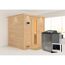 Massivholzsauna 'Luna' naturbelassen mit Kranz und EnergiesparTür 9 kW Bio-Ofen externe Steuerung Easy 224 x 210 x 206 cm