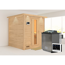 Massivholzsauna 'Luna' naturbelassen mit Kranz und EnergiesparTür 9 kW Bio-Ofen externe Steuerung Easy 224 x 210 x 206 cm