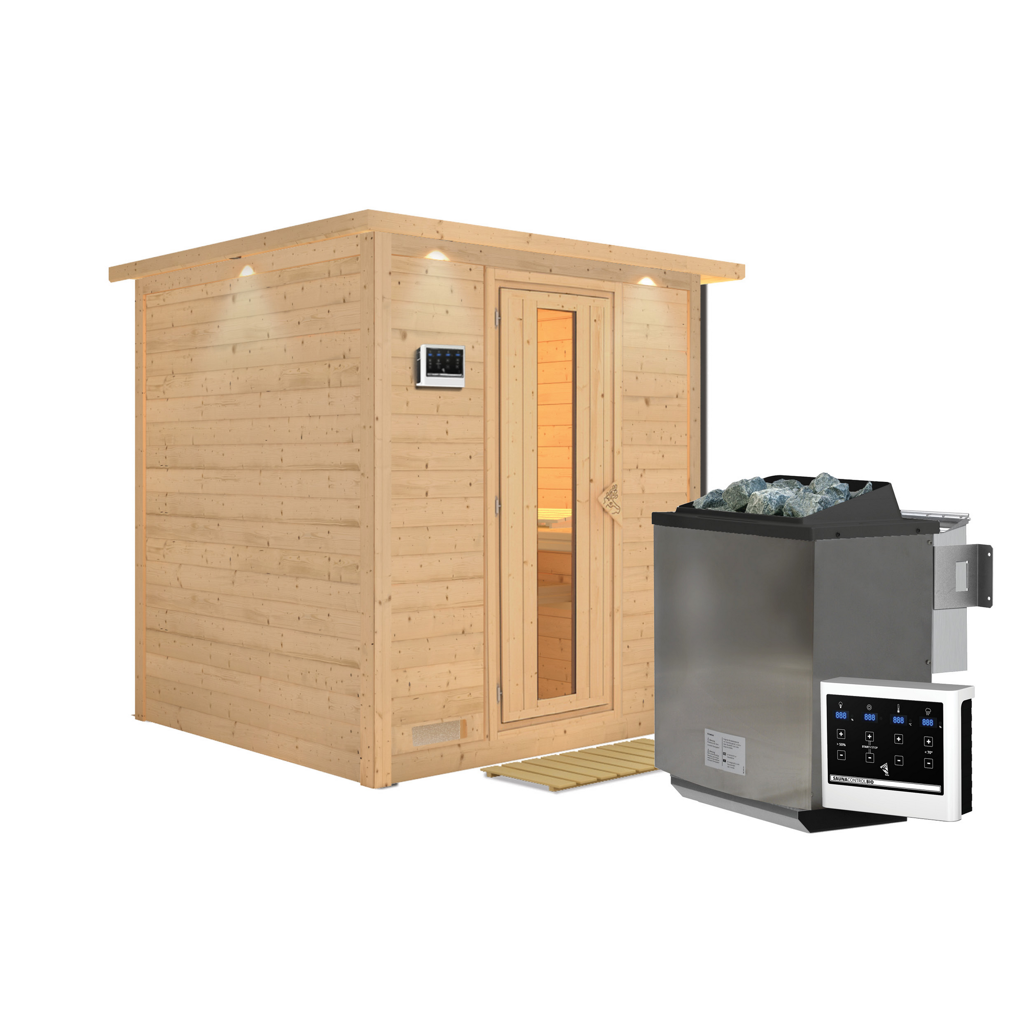 Massivholzsauna 'Luna' naturbelassen mit Kranz und EnergiesparTür 9 kW Bio-Ofen externe Steuerung Easy 224 x 210 x 206 cm + product picture