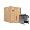 Massivholzsauna 'Luna' naturbelassen mit Kranz und EnergiesparTür 9 kW Bio-Ofen externe Steuerung Easy 224 x 210 x 206 cm