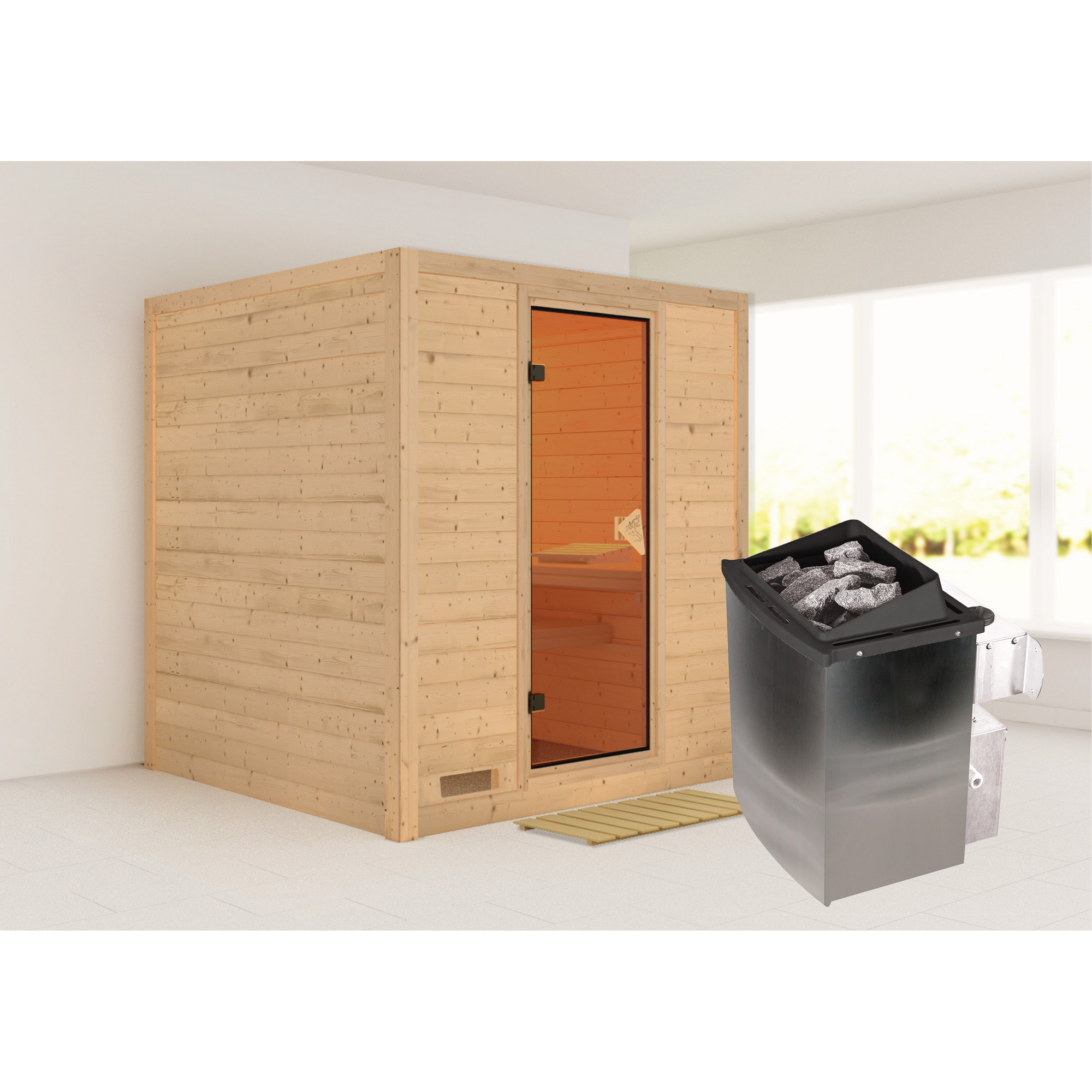 Massivholzsauna 'Luna' naturbelassen mit bronzierter Tür 9 kW Ofen integrierte Steuerung silber 196 x 196 x 200 cm + product picture