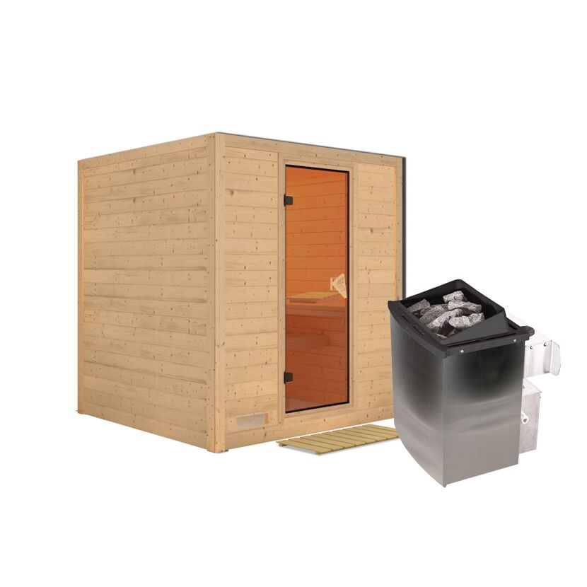 Massivholzsauna 'Luna' naturbelassen mit bronzierter Tür 9 kW Ofen integrierte Steuerung silber 196 x 196 x 200 cm