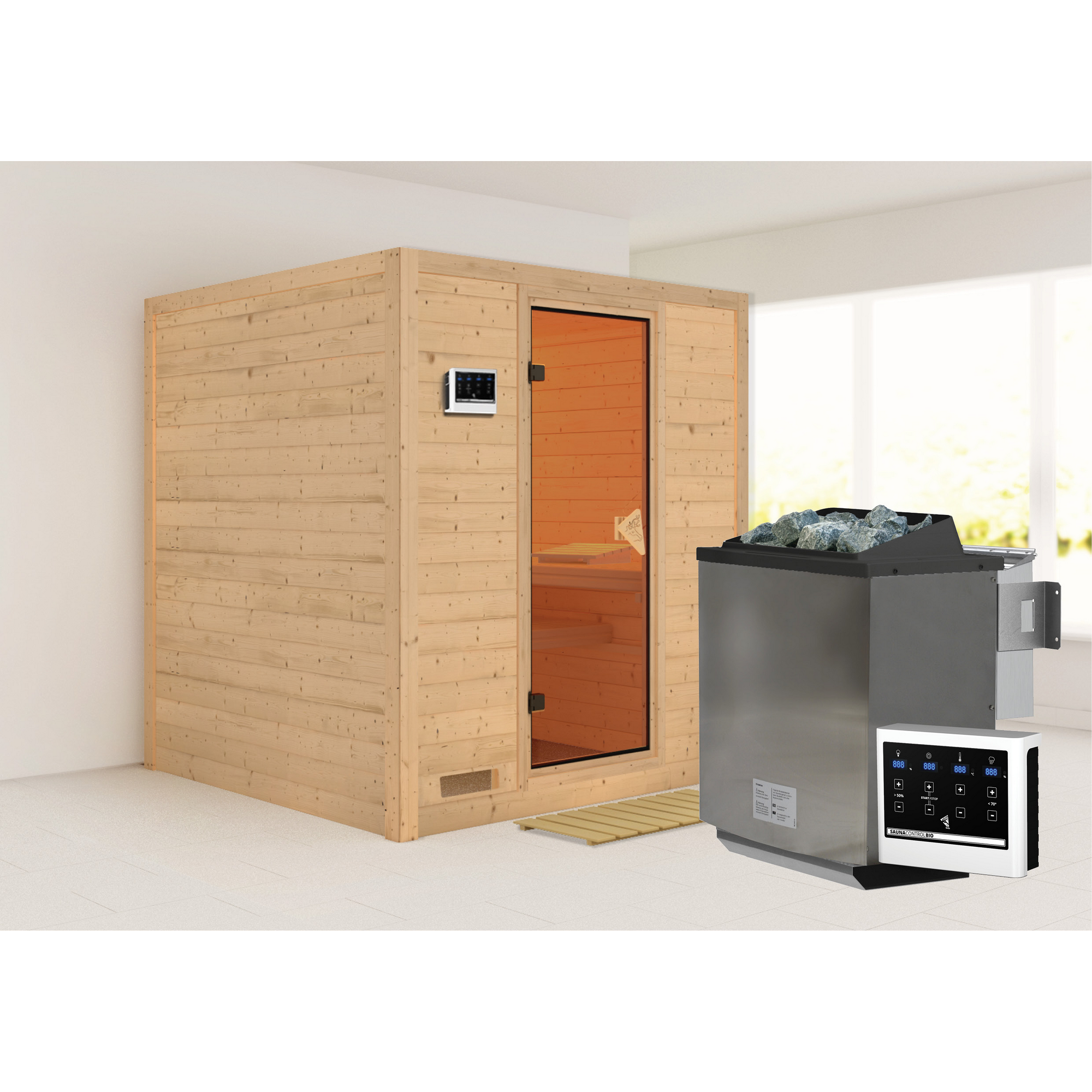 Massivholzsauna 'Luna' naturbelassen mit bronzierter Tür 9 kW Bio-Ofen Edelstahl externe Steuerung Easy 196 x 196 x 200 cm + product picture