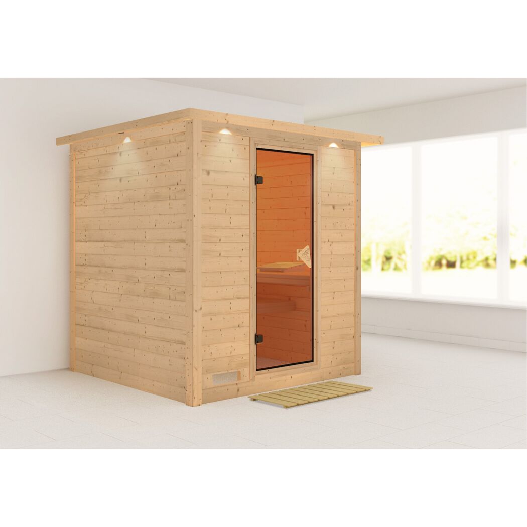 Massivholzsauna 'Luna' naturbelassen mit Kranz und bronzierter Tür 224 x 210 x 206 cm