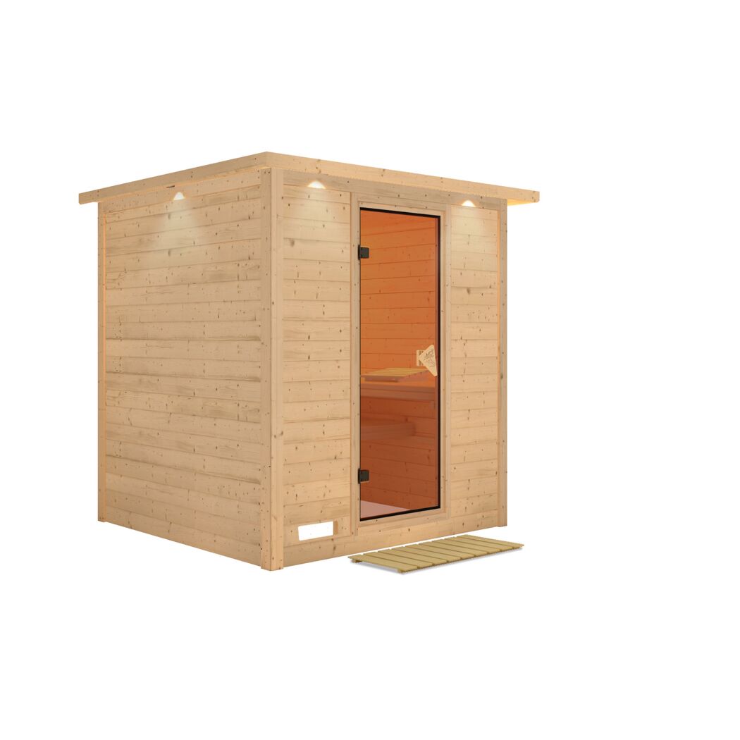 Massivholzsauna 'Luna' naturbelassen mit Kranz und bronzierter Tür 224 x 210 x 206 cm