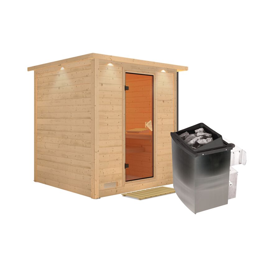Massivholzsauna 'Luna' naturbelassen mit Kranz und bronzierter Tür 9 kW Ofen integrierte Steuerung 224 x 210 x 206 cm
