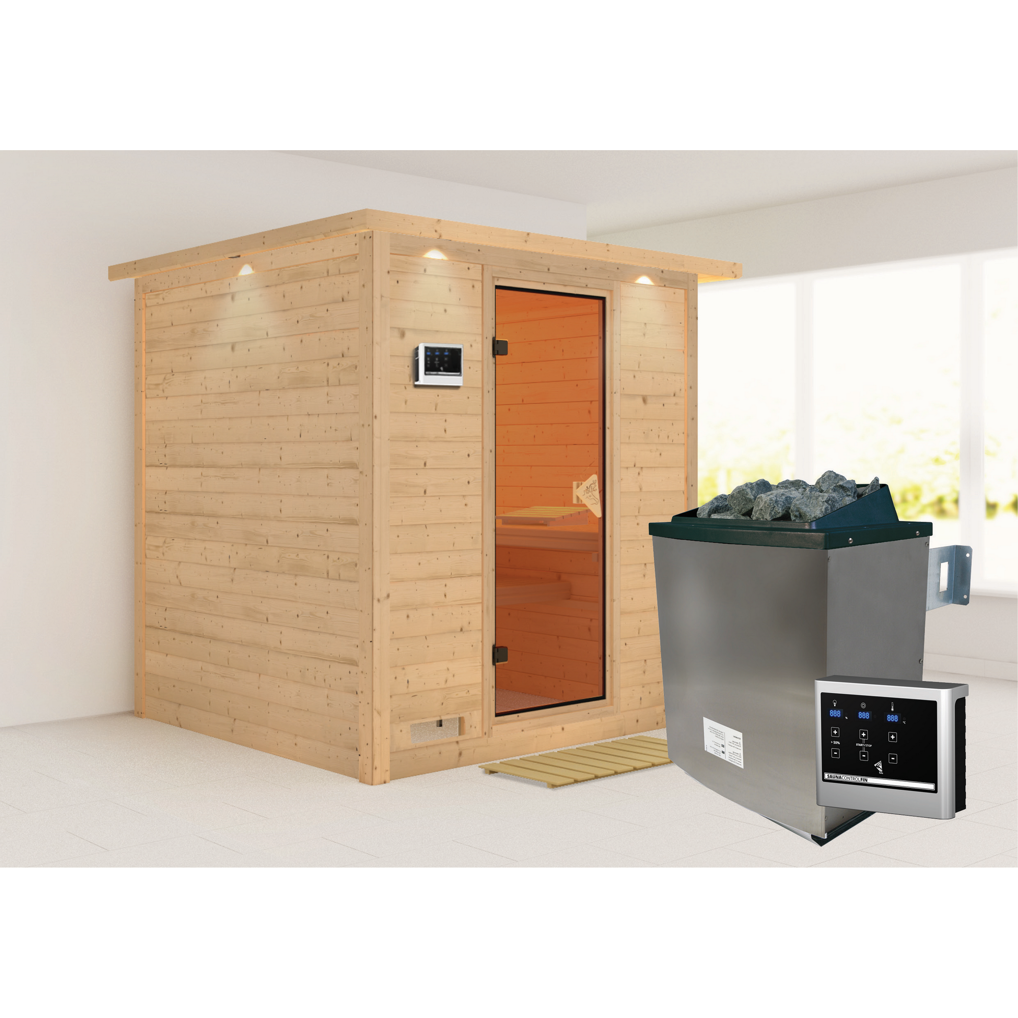 Massivholzsauna 'Luna' naturbelassen mit Kranz und bronzierter Tür 9 kW Ofen Edelstahl externe Steuerung Easy 224 x 210 x 206 cm + product picture