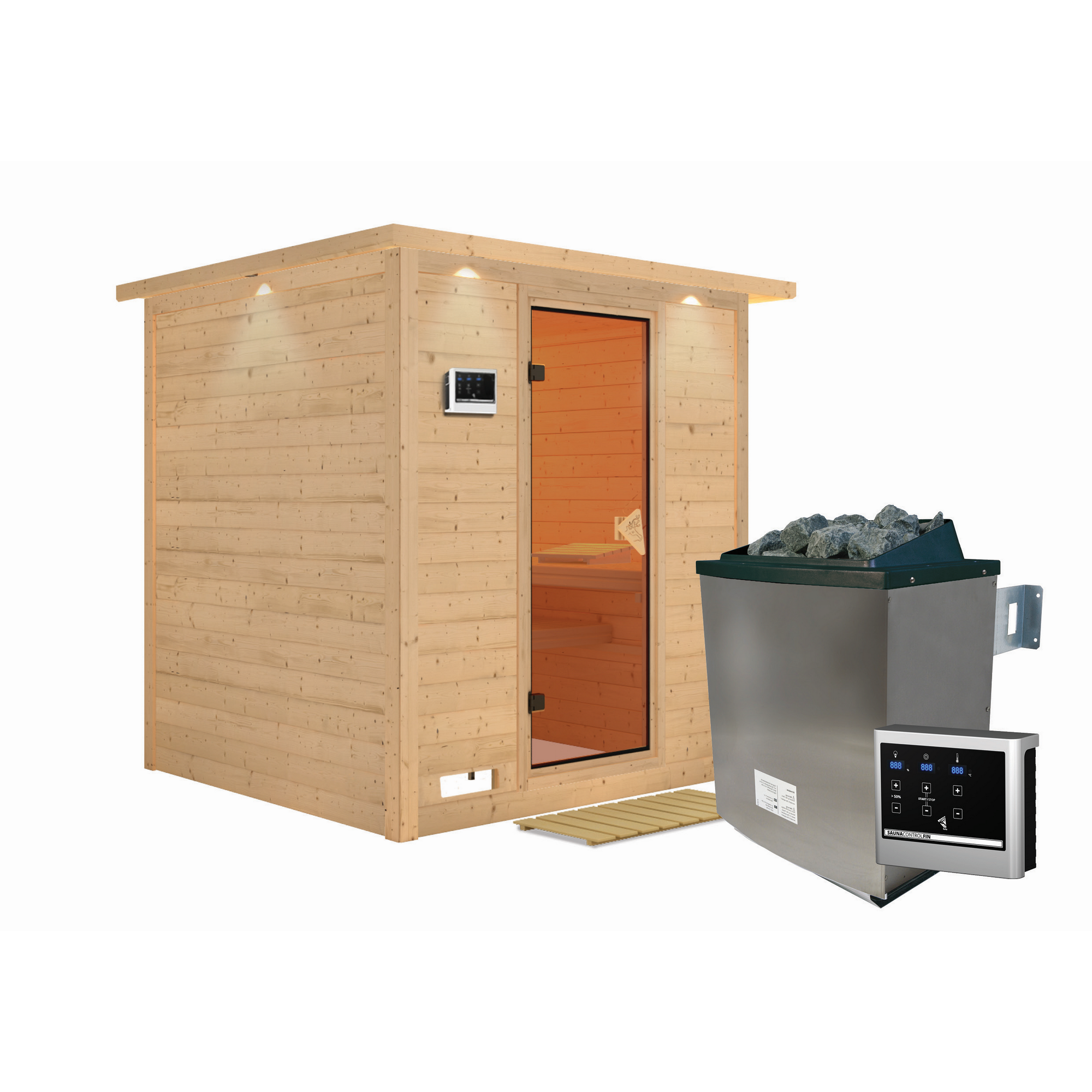 Massivholzsauna 'Luna' naturbelassen mit Kranz und bronzierter Tür 9 kW Ofen Edelstahl externe Steuerung Easy 224 x 210 x 206 cm + product picture