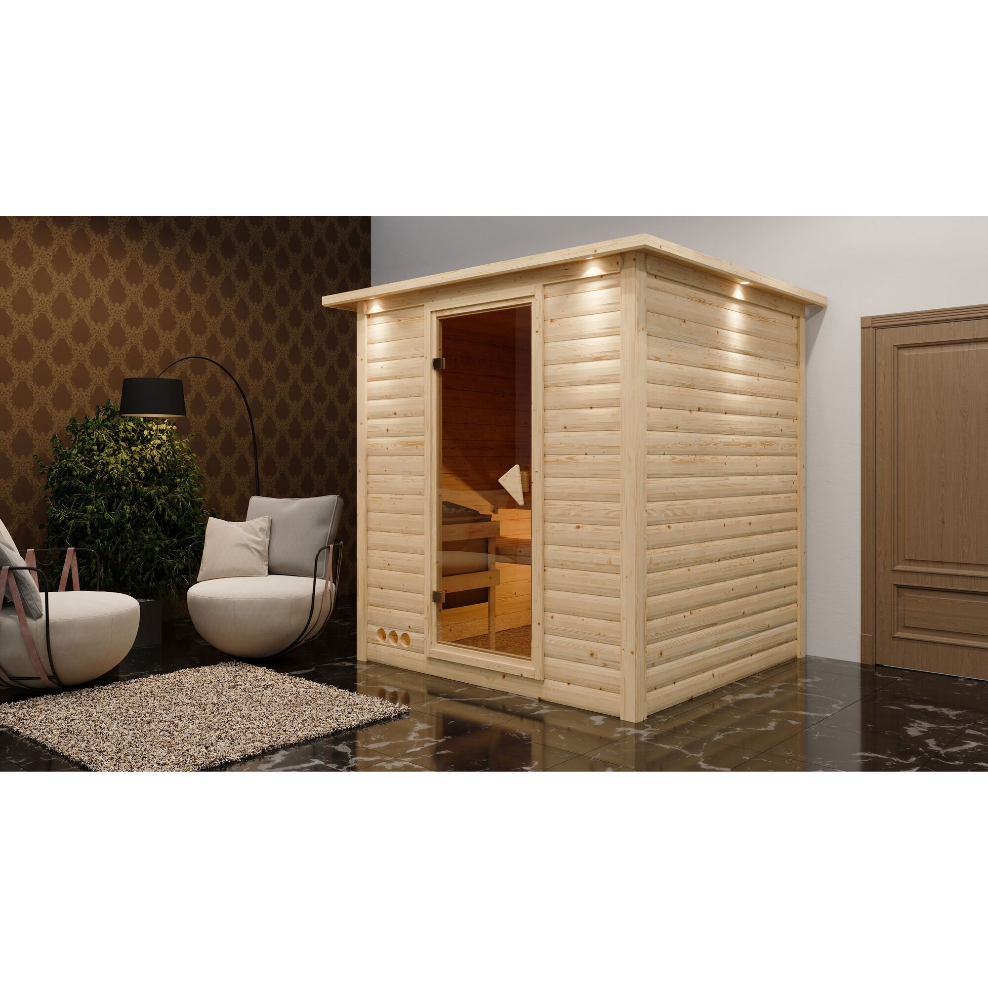 Sauna aus hellem Holz in einem Raum.