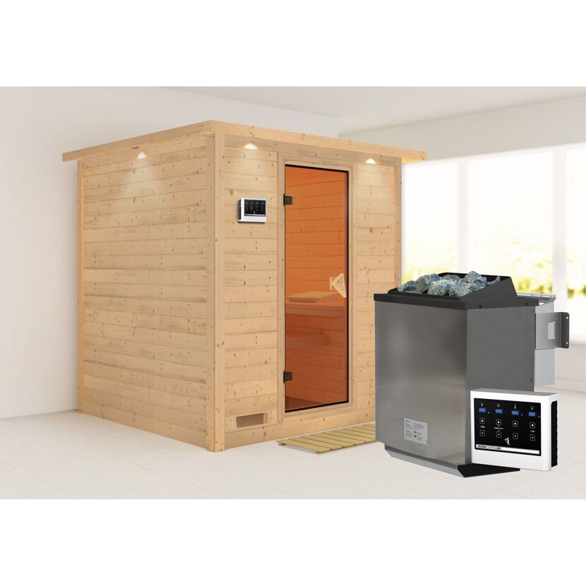 Massivholzsauna 'Luna' naturbelassen mit Kranz und bronzierter Tür 9 kW Bio-Ofen externe Steuerung Easy 224 x 210 x 206 cm