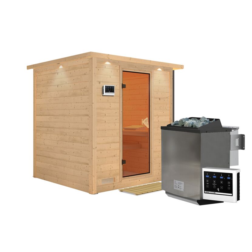 Sauna aus Holz mit Saunaofen