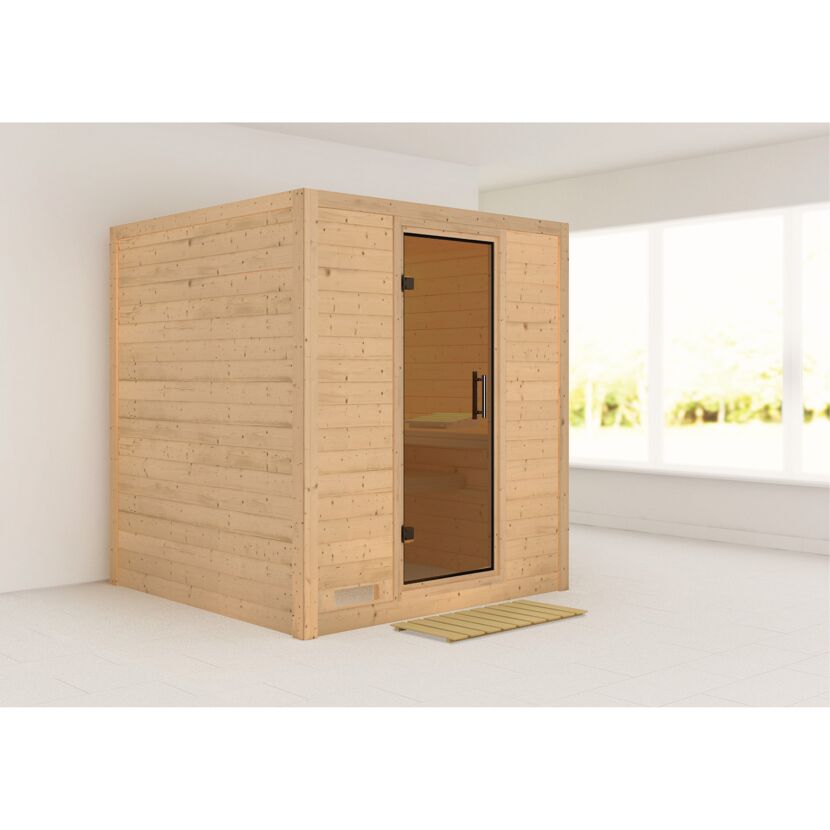 Massivholzsauna 'Luna' naturbelassen mit graphitfarbener Tür 196 x 196 x 200 cm