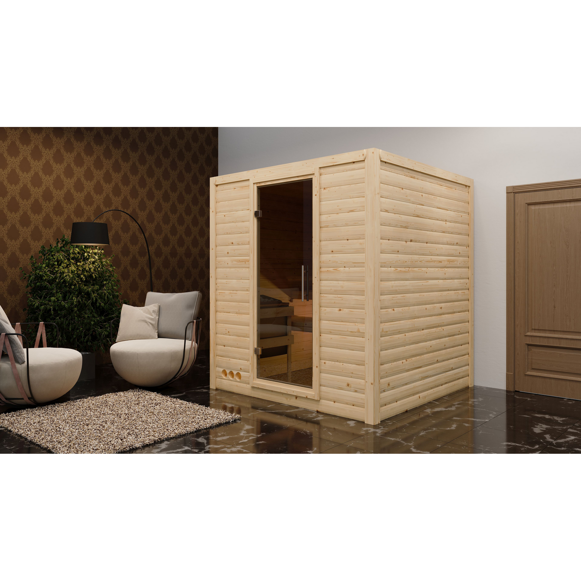 Massivholzsauna 'Luna' naturbelassen mit graphitfarbener Tür 9 kW Ofen externe Steuerung Easy 196 x 196 x 200 cm + product picture