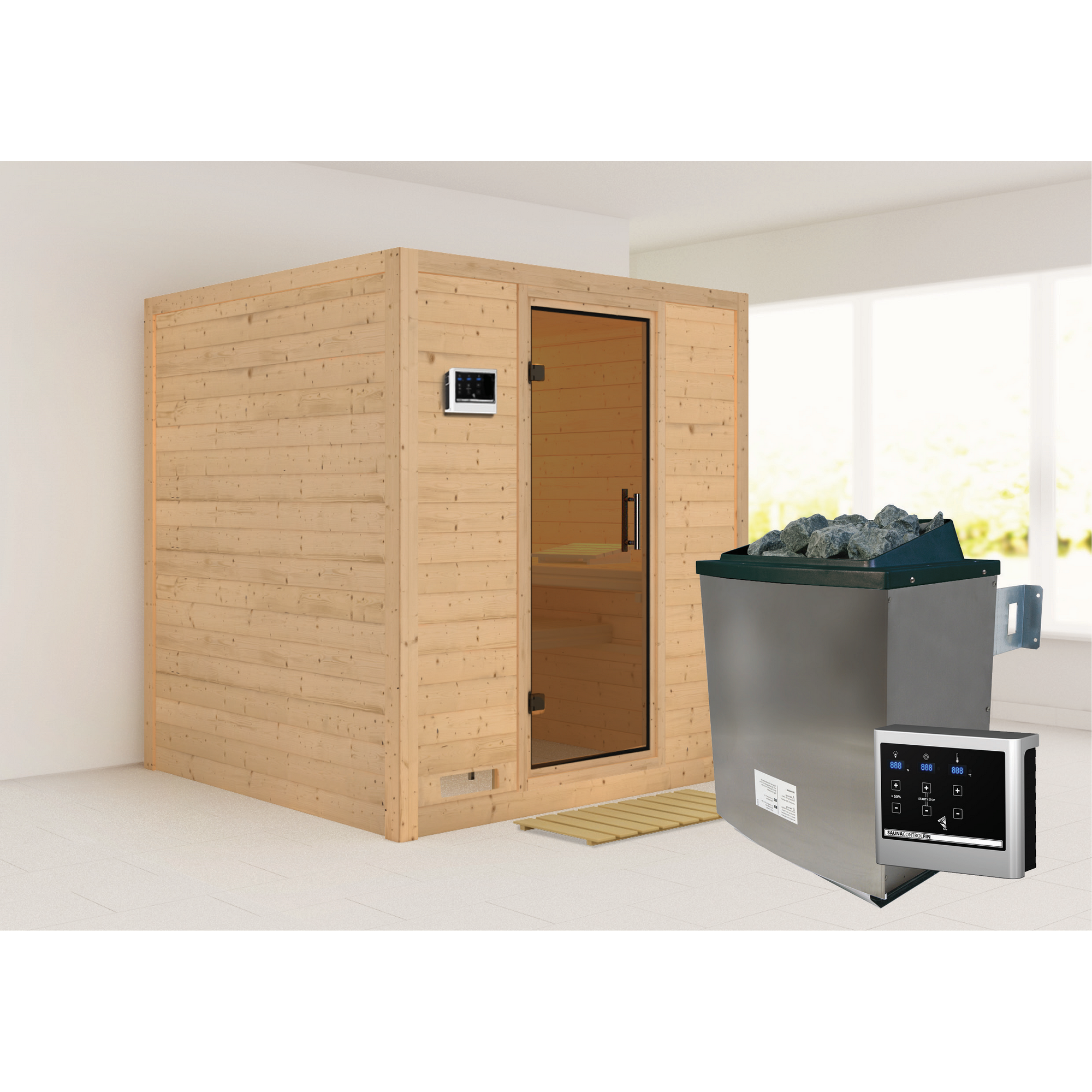 Massivholzsauna 'Luna' naturbelassen mit graphitfarbener Tür 9 kW Ofen externe Steuerung Easy 196 x 196 x 200 cm + product picture