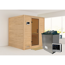 Sauna aus hellem Holz mit Saunaofen