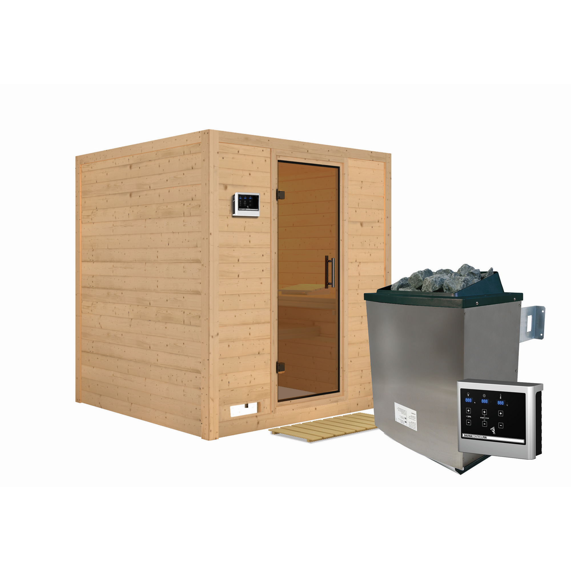 Massivholzsauna 'Luna' naturbelassen mit graphitfarbener Tür 9 kW Ofen externe Steuerung Easy 196 x 196 x 200 cm + product picture