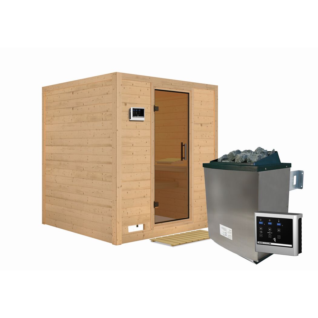 Sauna aus hellem Holz mit Saunaofen