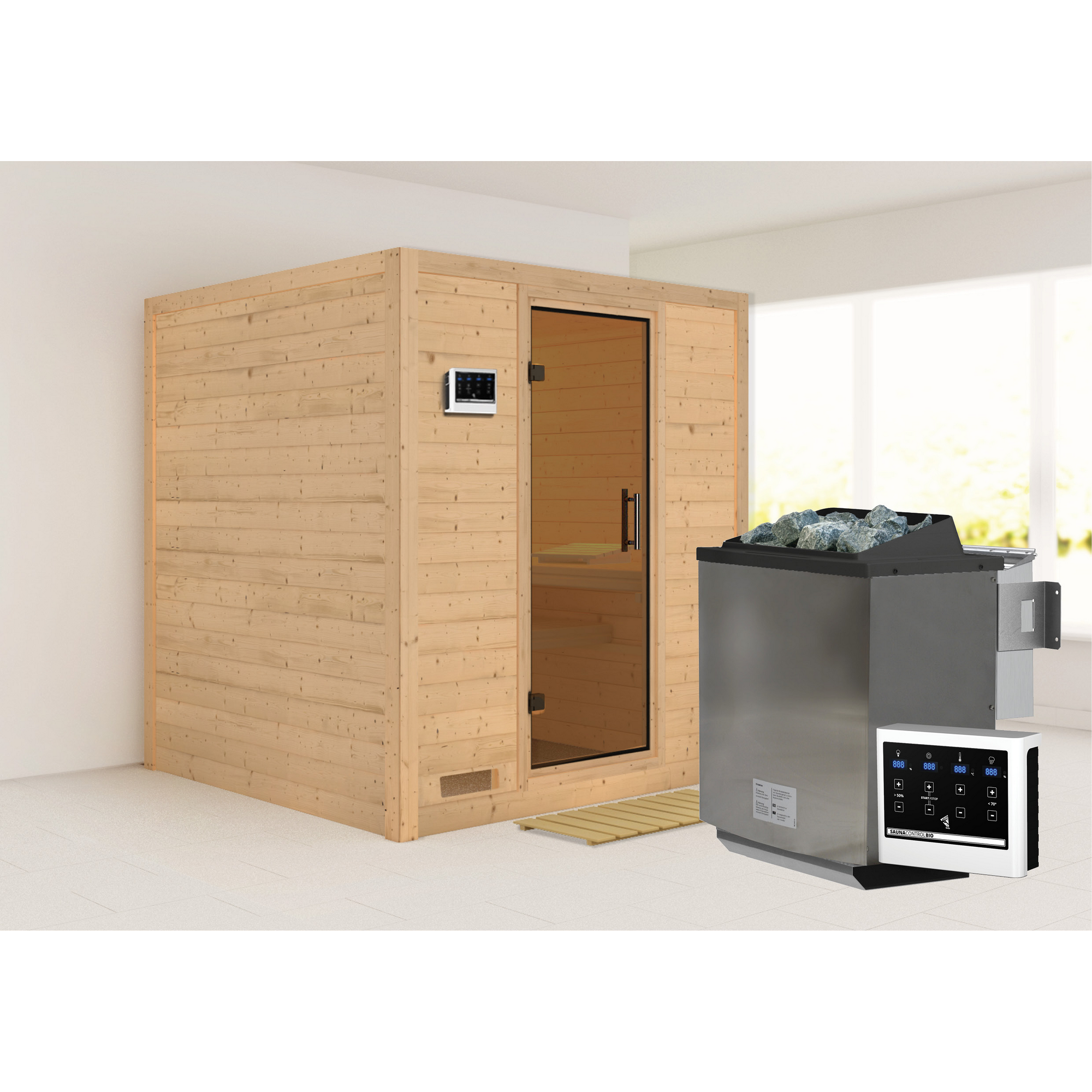 Massivholzsauna 'Luna' naturbelassen mit graphitfarbener Tür 9 kW Bio-Ofen externe Steuerung Easy 196 x 196 x 200 cm + product picture