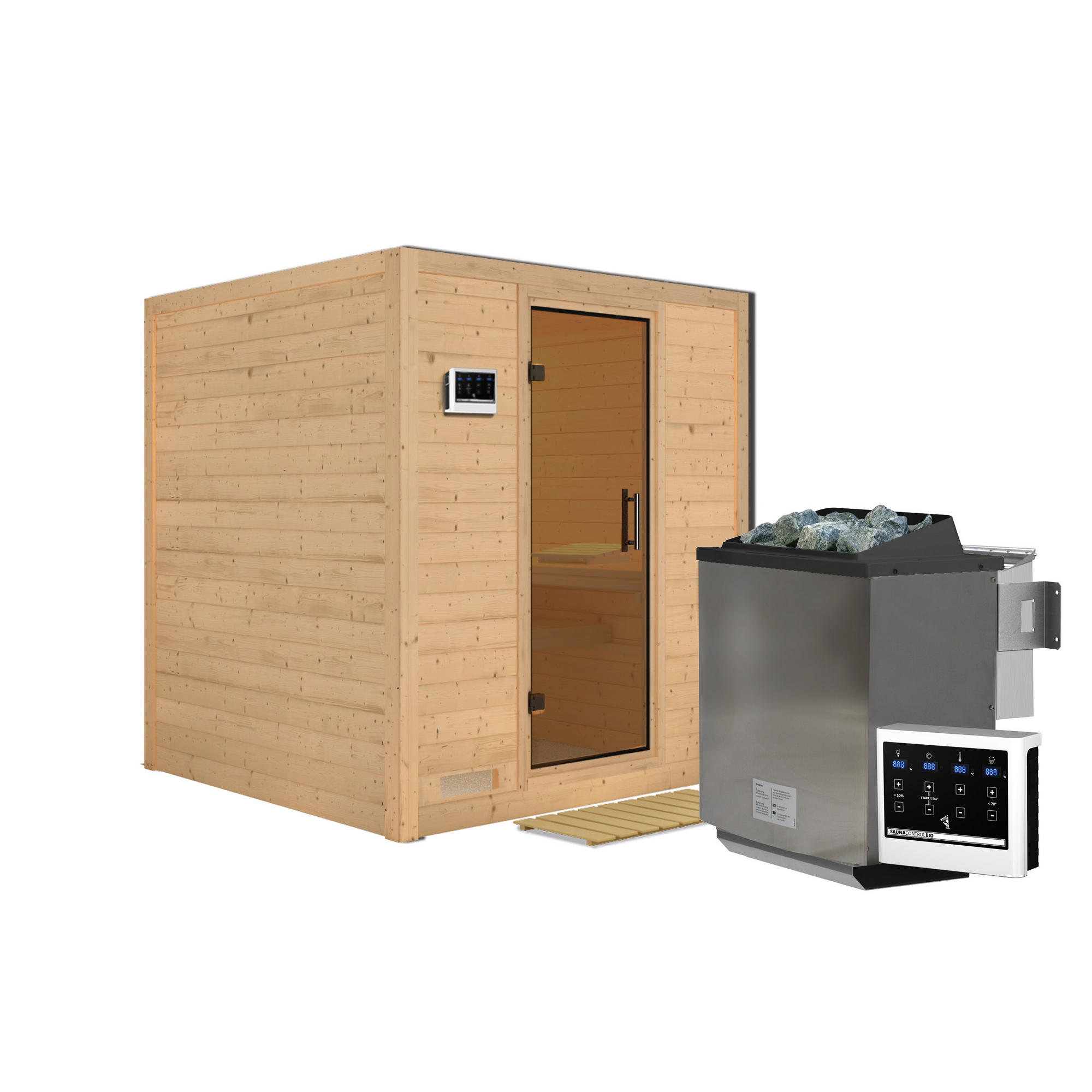 Massivholzsauna 'Luna' naturbelassen mit graphitfarbener Tür 9 kW Bio-Ofen externe Steuerung Easy 196 x 196 x 200 cm + product picture