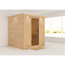Sauna aus hellem Holz mit Glastür