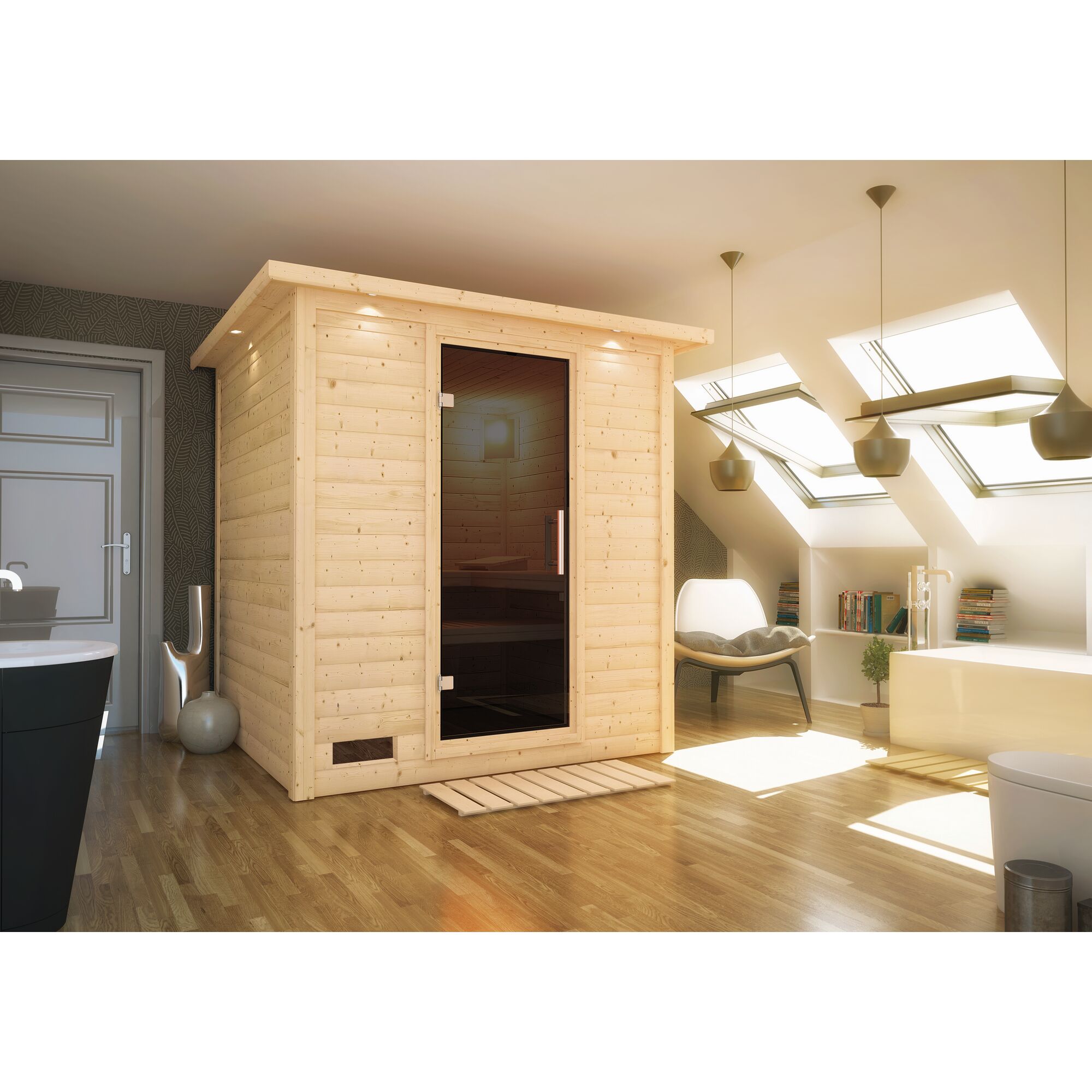 Sauna aus hellem Holz in einem Badezimmer.