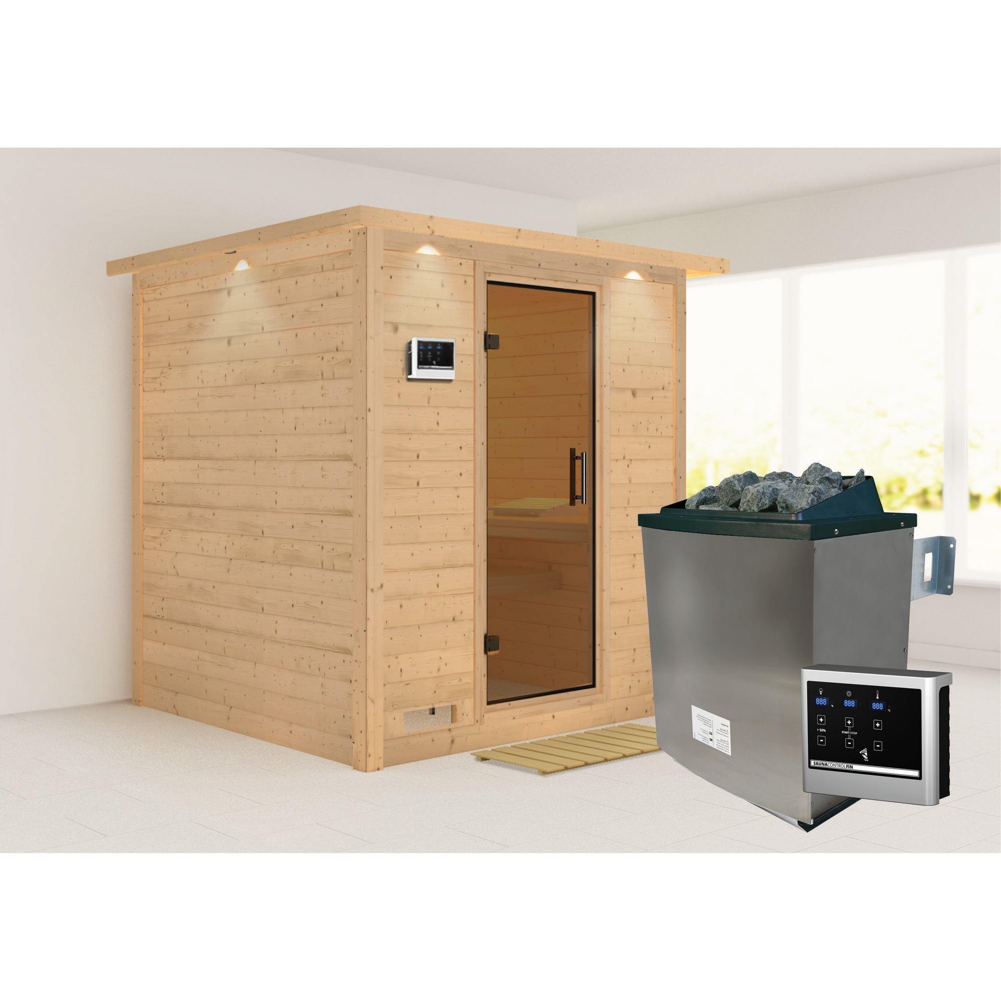 Massivholzsauna 'Luna' naturbelassen mit Kranz und graphitfarbenerr Tür 9 kW Ofen externe Steuerung Easy 224 x 210 x 206 cm + product picture