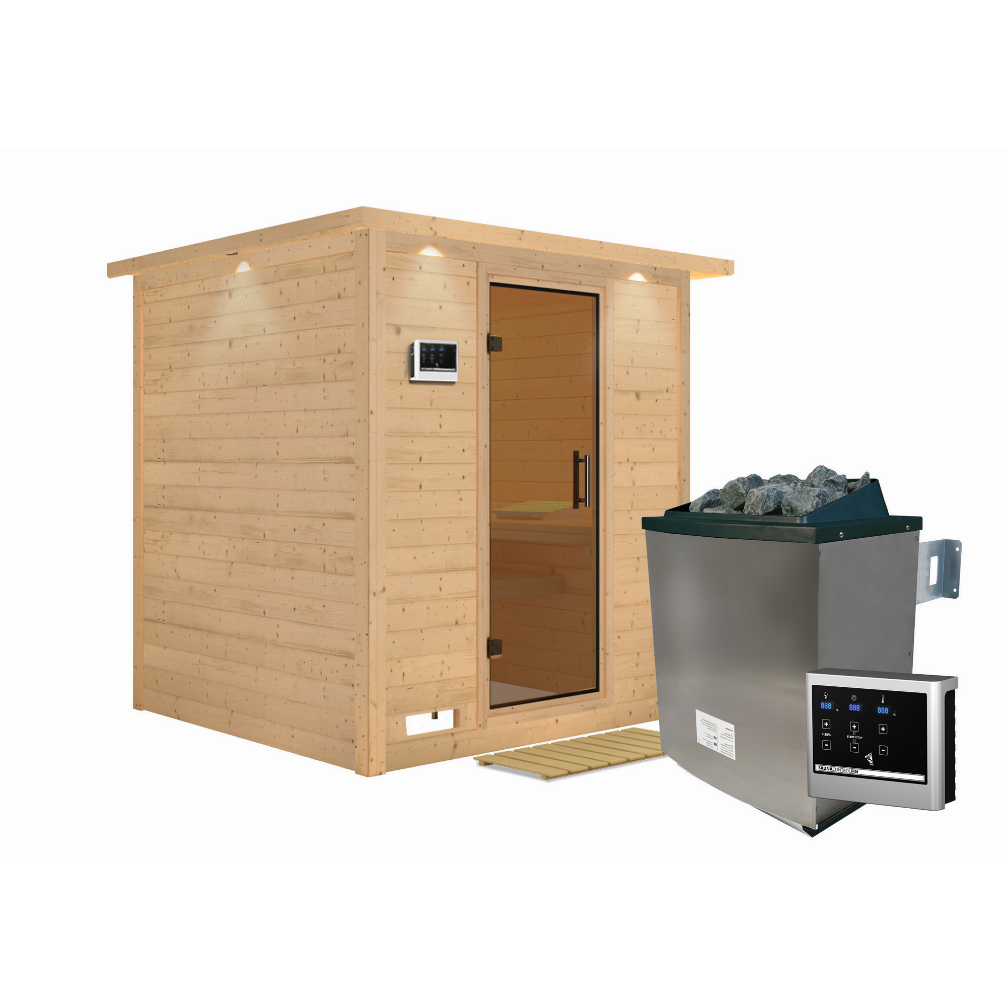 Massivholzsauna 'Luna' naturbelassen mit Kranz und graphitfarbenerr Tür 9 kW Ofen externe Steuerung Easy 224 x 210 x 206 cm + product picture